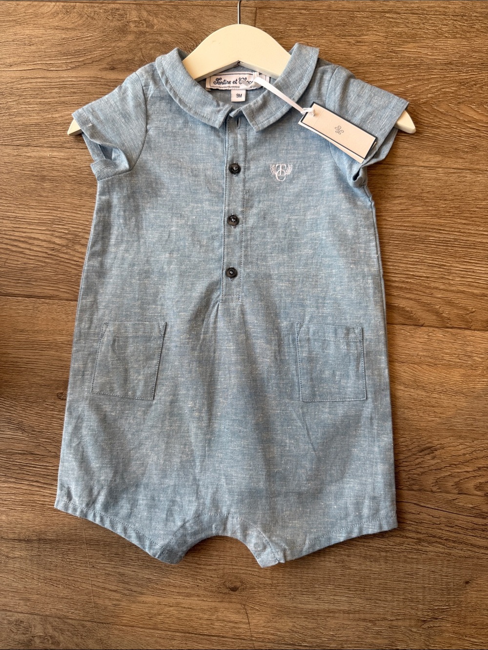 Tartine et chocolat Blue linen Short Sleeve Romper with Peter Pan Collar